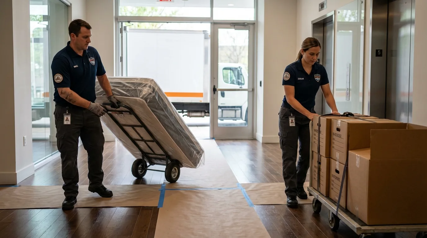Professional apartment movers loading elevator in Brattleboro, VT